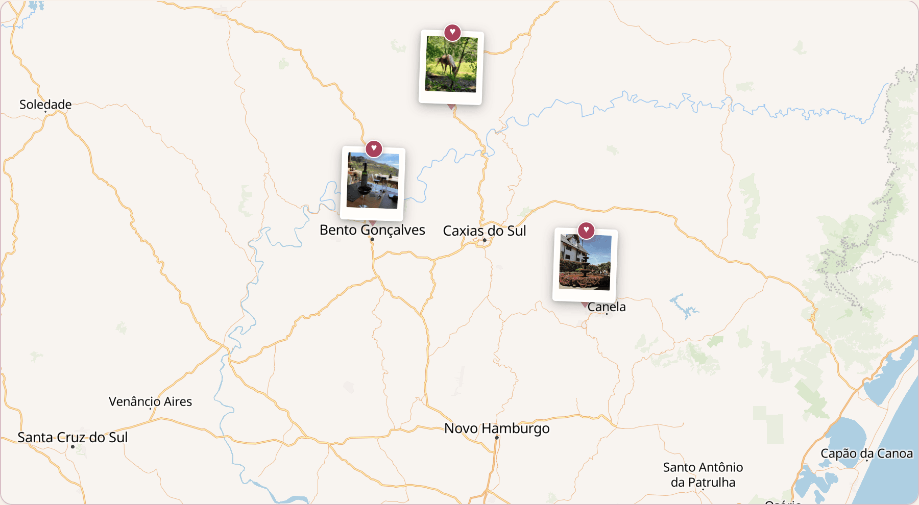 Mapa interativo com fotos dos lugares do casal — Bento Gonçalves e Gramado
